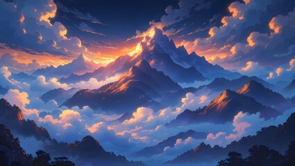 Naklejka premium Anime-inspired mountain scenery with mist and dramatic lighting, suitable for wallpaper, no humans