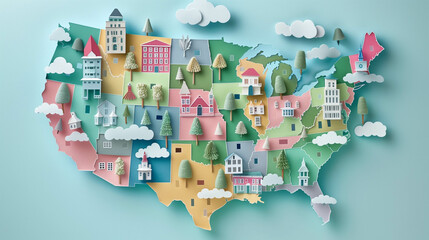 Colorful illustrated map of the United States with regional buildings, trees, and clouds in paper cut style