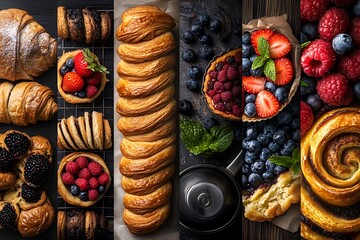 Collage of delicious pastries including croissants, fruit tarts, danish braid, and sweet rolls