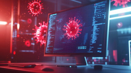 A computer screen displaying a warning about malware, with a digital virus icon on the screen.