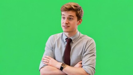 green screen video businessman speaking Handsome young in a suit and tie, smiling confidently - Powered by Adobe