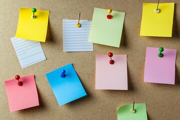 Colorful sticky notes and lined paper pinned to a cork board with push pins