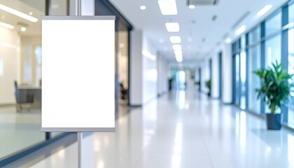 Mock-Up promotion poster displayed on the front of bright blur medical clinic, hospital interior background with defocused effect. Blank A4 white paper on abstract defocused luxury office corridor.