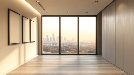 Obraz premium Contemporary interior featuring city view, wooden floor, built in wardrobe, and wall art