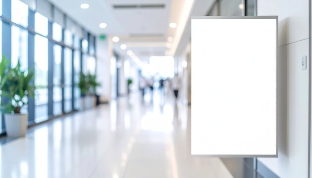 Mock-Up promotion poster displayed on the front of bright blur medical clinic, hospital interior background with defocused effect. Blank A4 white paper on abstract defocused luxury office corridor.