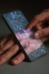 Hand interacting with smartphone screen, display of skin pattern