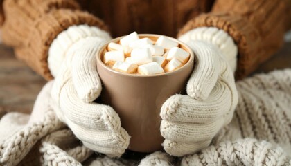 Hands In Knitted Gloves Holding Hot Chocolate With Marshmallows