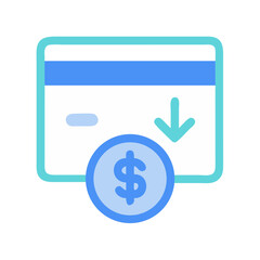 Turquoise debit card with coin and down arrow symbol