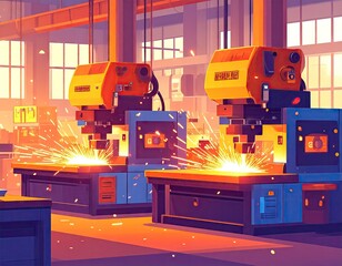 Factory interior with metalworking machines