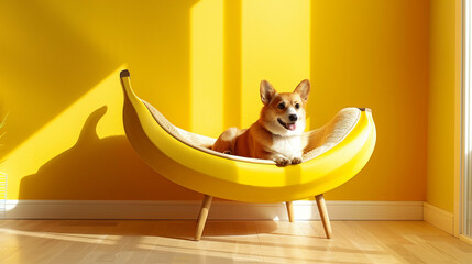 Obraz premium Cute corgi dog lounging in banana-shaped chair against bright yellow wall and floor