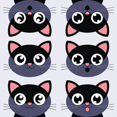 Stylized black cats with big eyes cute adorable