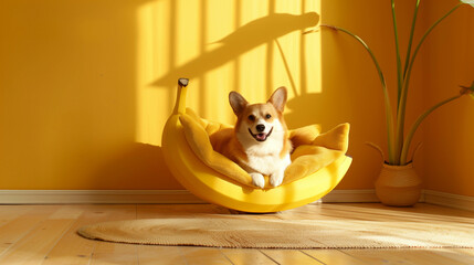 Fototapeta premium Cute corgi dog lounging in banana-shaped chair against bright yellow wall and floor