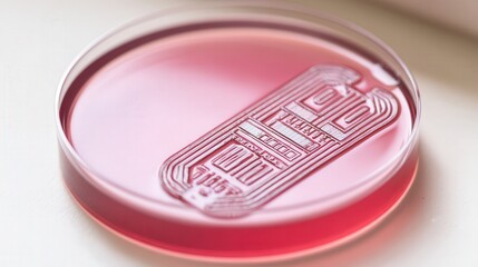 Macro shot of an artistic dish styled to resemble bacteria or virus cells, plated with fine-dining elegance on a minimalist table in soft lighting.