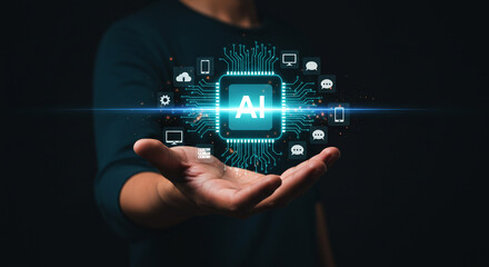 Man Presenting Glowing AI Chip with Network Connections and Communication Icons, Showcasing Artificial Intelligence and Modern Technology