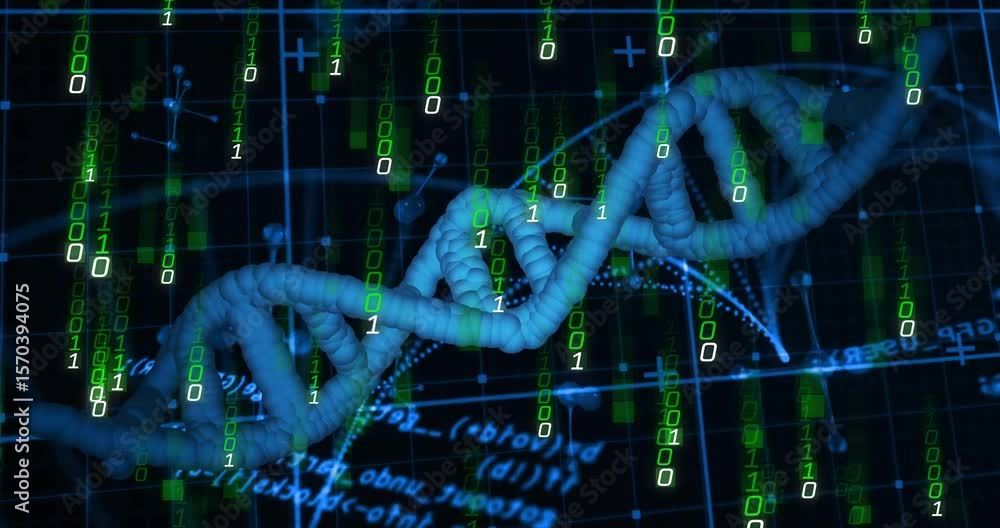 Poster at 2-second mark binary code raining, 3d dna helix rotating, nodes fading, visualizing genetic data