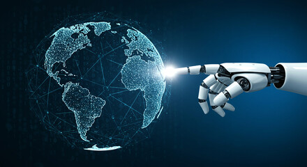 Fototapeta premium Robotic Hand Interacting with Digital Earth Globe, Representing Global Connectivity and Artificial Intelligence, Highlighting the Fusion of Technology and Worldwide Communication