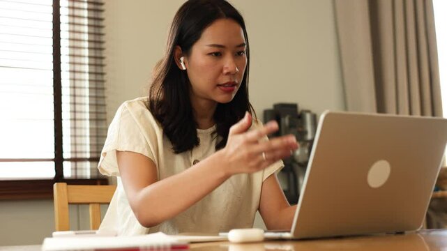 slow motion scene employee woman talka nd discuss to colleague about  summary report of company at home office room for business and industry concept