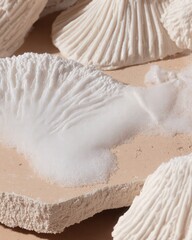 Macro shot of an artistic dish styled to resemble bacteria or virus cells, plated with fine-dining elegance on a minimalist table in soft lighting.