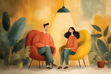 Illustration of two people in chairs, discussing under soft lighting