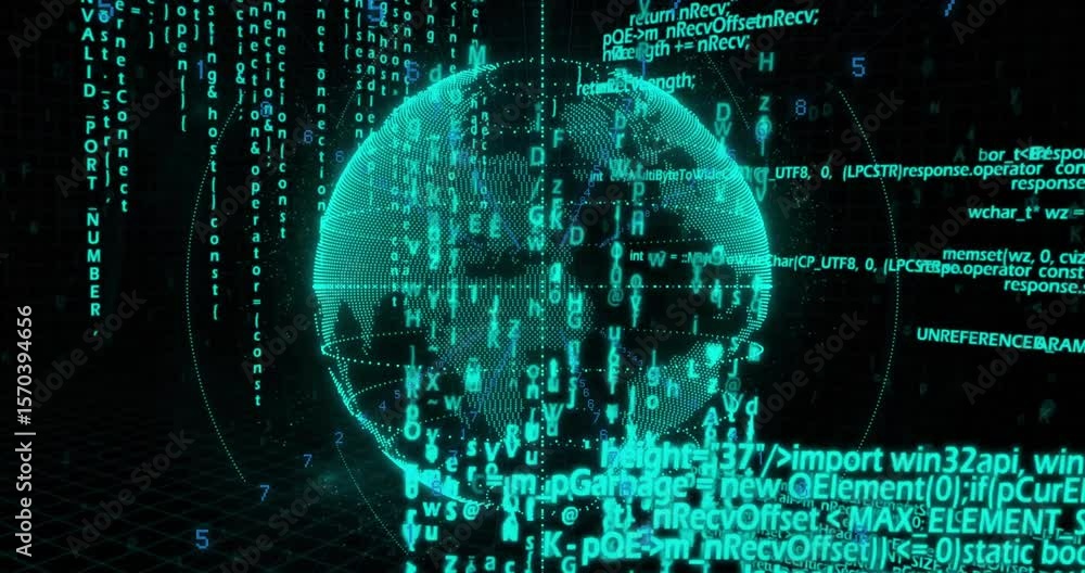Poster turquoise dotted globe emerging then rotating with code streams visualizing global data flow