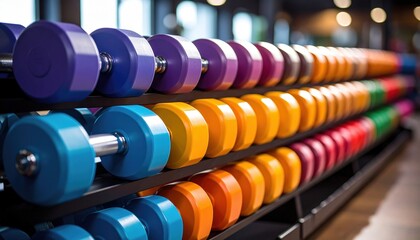 Colorful Dumbbells On Gym Racks