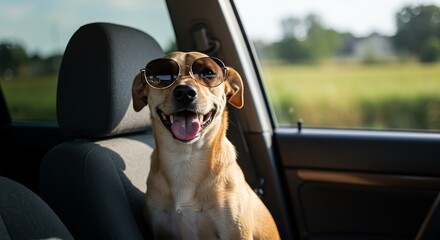 Happy dog wearing sunglasses enjoys a car ride, looking out the window.