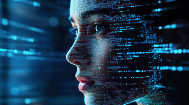A digital human face overlaid with lines of artificial intelligence code.