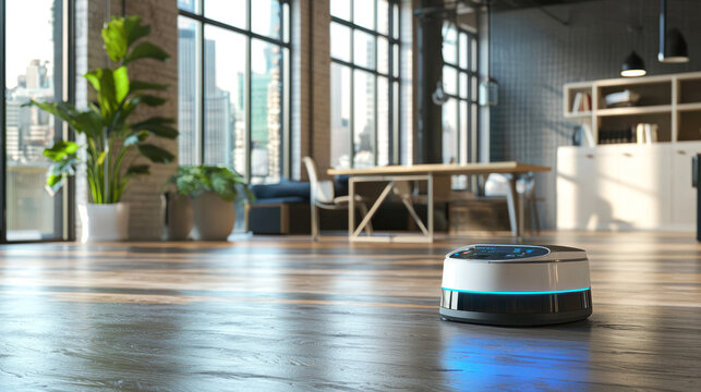 A robot cleaning an office space, powered by AI algorithms.