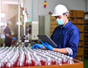 Factory worker inspecting bottles