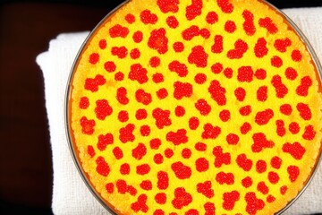 Macro shot of an artistic dish styled to resemble bacteria or virus cells, plated with fine-dining elegance on a minimalist table in soft lighting.