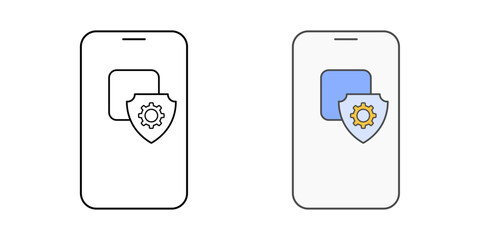 App privacy settings icon with mobile app, gear, and shield symbol, ideal for app security, user privacy control, and digital protection illustrations.