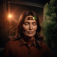 Close-up of a woman meditating with closed eyes, wearing a sleek neural interface at home, soft natural light and greenery in the background.
