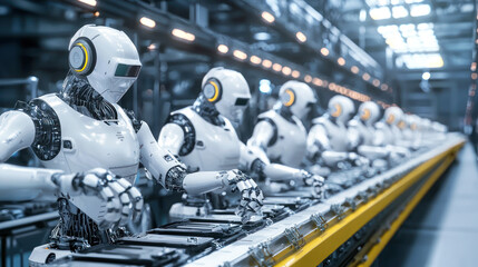 Fototapeta premium AI-powered robots working in a futuristic factory assembly line.