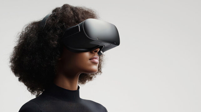 A virtual reality headset worn by a person, with AI-powered elements in the experience.