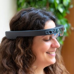 Close-up of a woman meditating with closed eyes, wearing a sleek neural interface at home, soft natural light and greenery in the background.