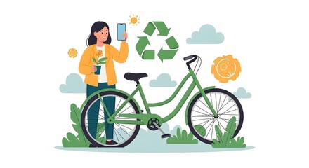 Naklejka premium Eco-Friendly Lifestyle: Woman with Plant and Green Bicycle