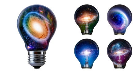 Colorful Light Bulbs with Cosmic Galaxy Designs and Spirals, PNG bundle collection, Isolated on Transparent Background