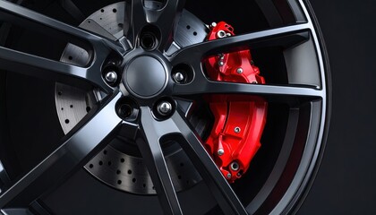 Closeup Of Black Alloy Wheel With Red Brake Caliper