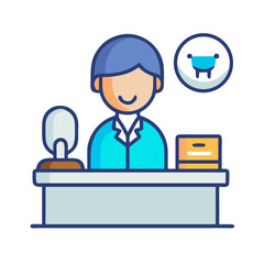 Receptionist or Customer Service Representative at counter desk illustration