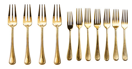 Elegant Collection of Gold Forks Displayed on a White Background, PNG bundle collection, Isolated on Transparent Background