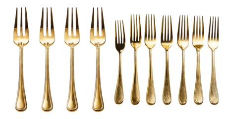 Elegant Collection of Gold Forks Displayed on a White Background, PNG bundle collection, Isolated on Transparent Background