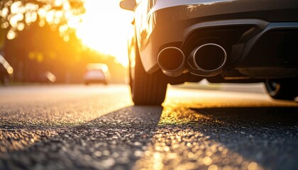 Car Exhaust Pipes At Sunset On City Street