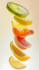 Vibrant Citrus Slices in Mid-Air Against a Soft Background