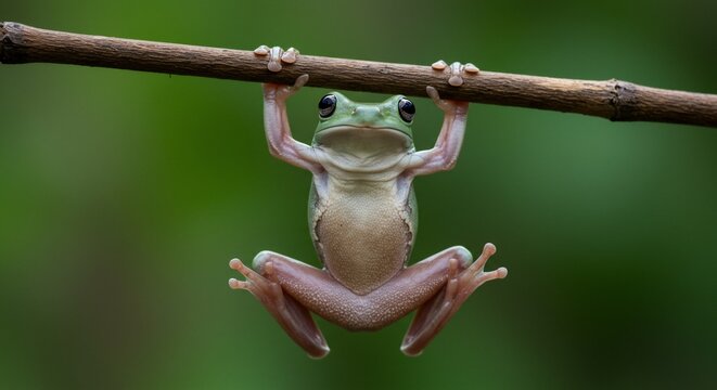 Curious Green Tree Frog Hanging from Branch Nature Portrait Close-up View.