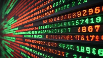 Display Board of Green and Red Digital Numbers Streaming Horizontally for Data Representation - Powered by Adobe
