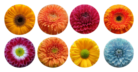 Vibrant Floral Arrangement with Colorful Flower Heads in Circles, Bundle Set Collection, Isolated on Transparent Background