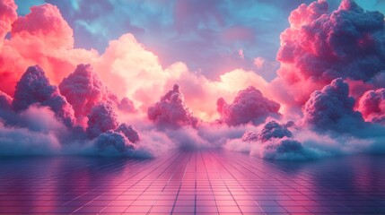 Pink and gray cloudscapes over a tiled surface.