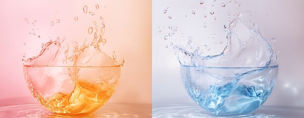 Vibrant Water Splashes in Bowls of Orange and Blue Colors