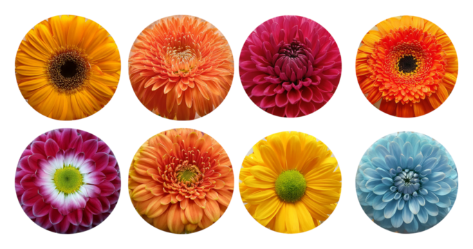 Vibrant Floral Arrangement with Colorful Flower Heads in Circles, Bundle Set Collection, Isolated on Transparent Background