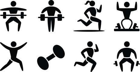 Illustration of various fitness activities represented by black silhouette icons